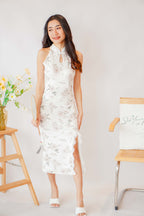 Ru Floral Halter Neck Cheongsam in White