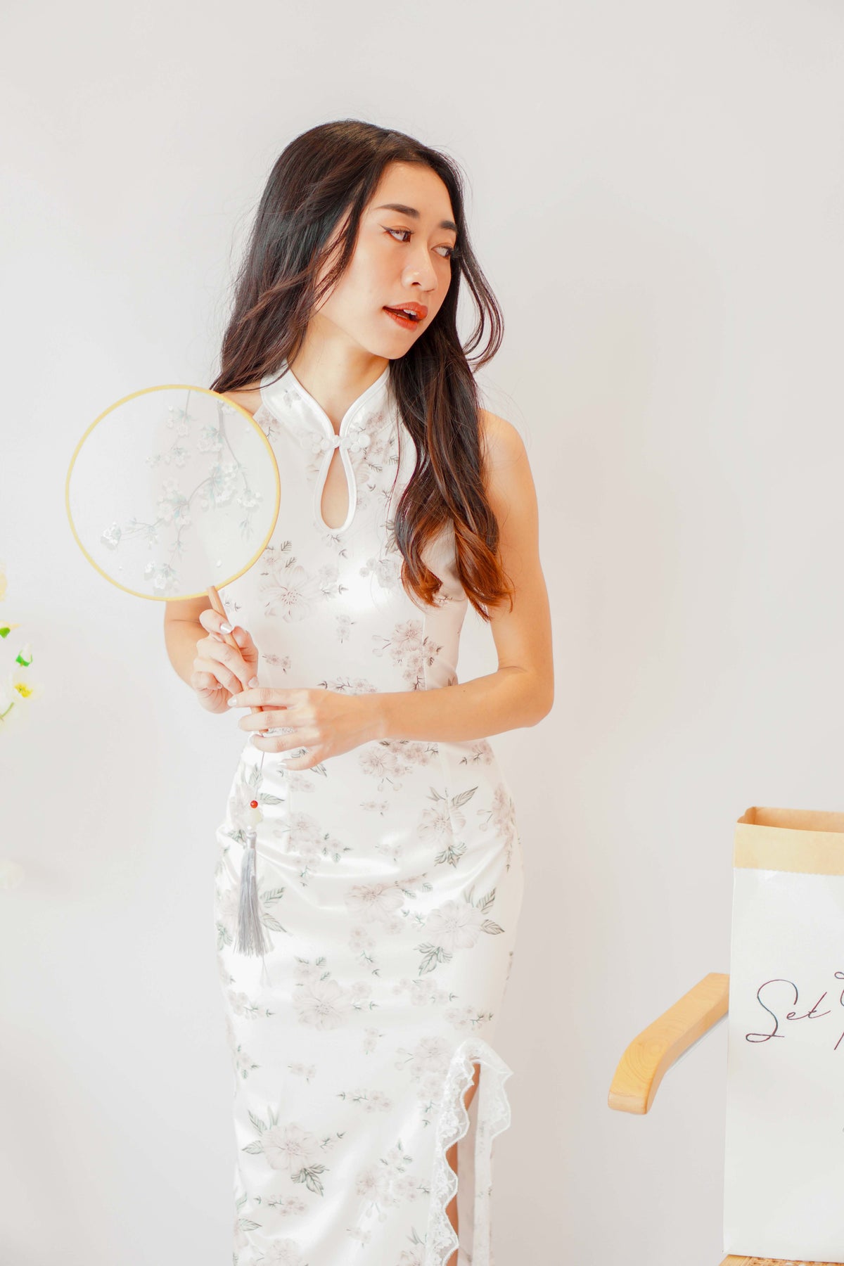 Ru Floral Halter Neck Cheongsam in White
