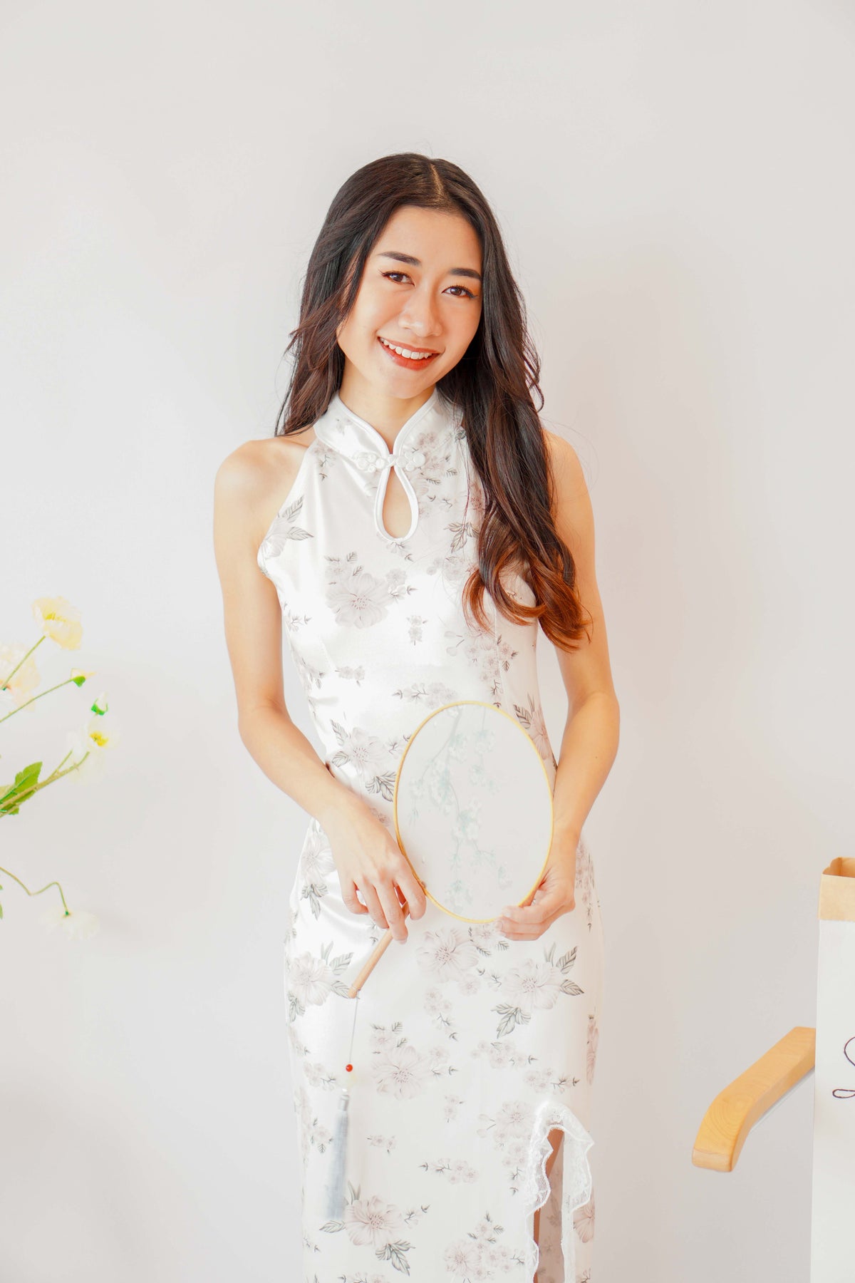 Ru Floral Halter Neck Cheongsam in White