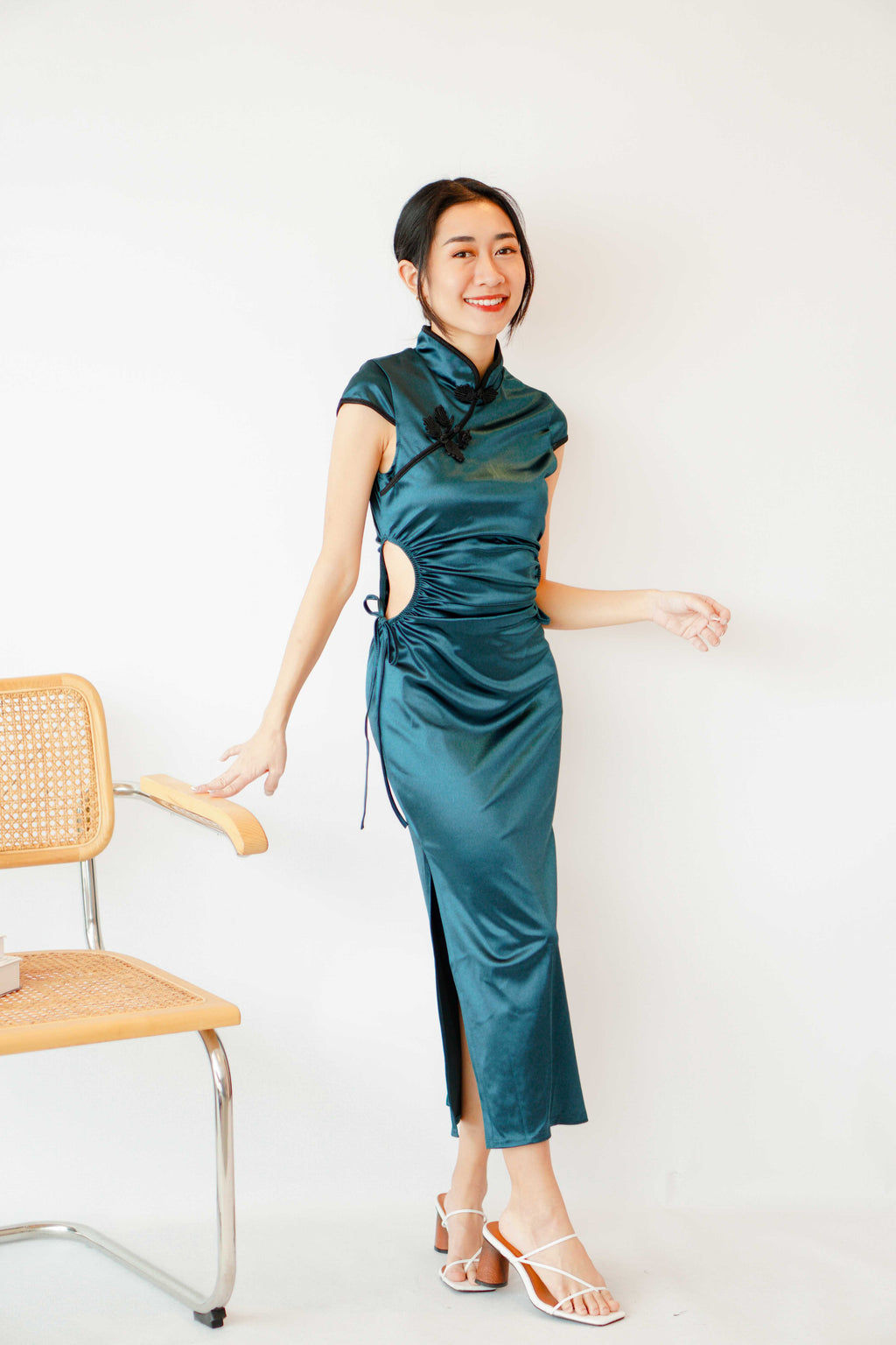 Emerald Queen Cutout Bodycon Cheongsam in Dark Green