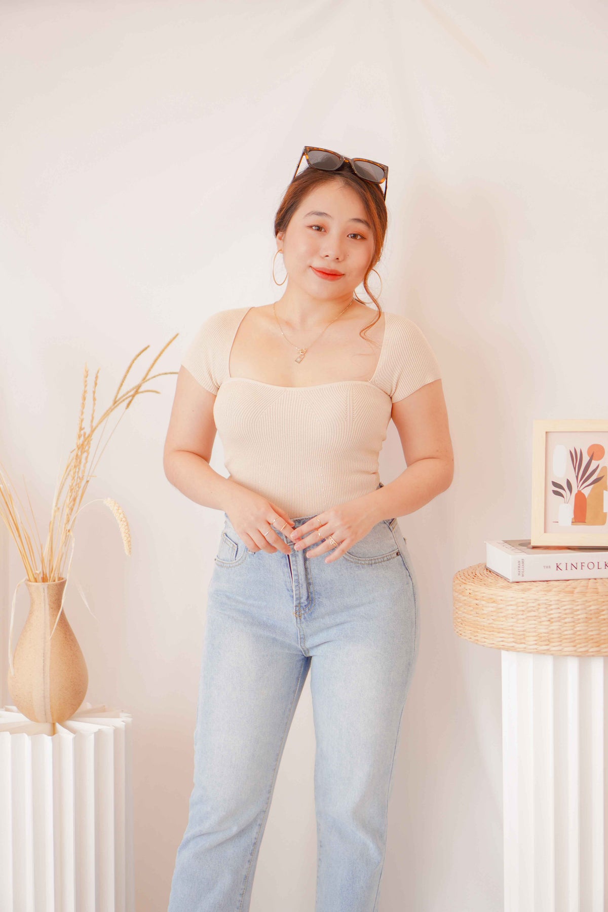 Lola Sweetheart Knit Top in Beige