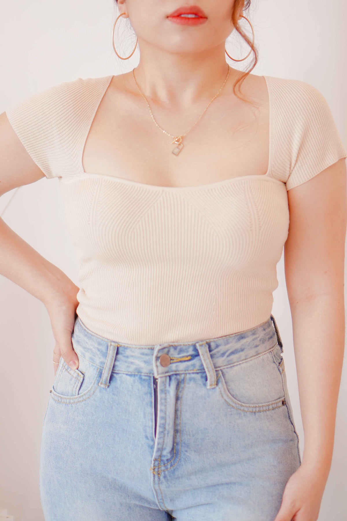 Lola Sweetheart Knit Top in Beige
