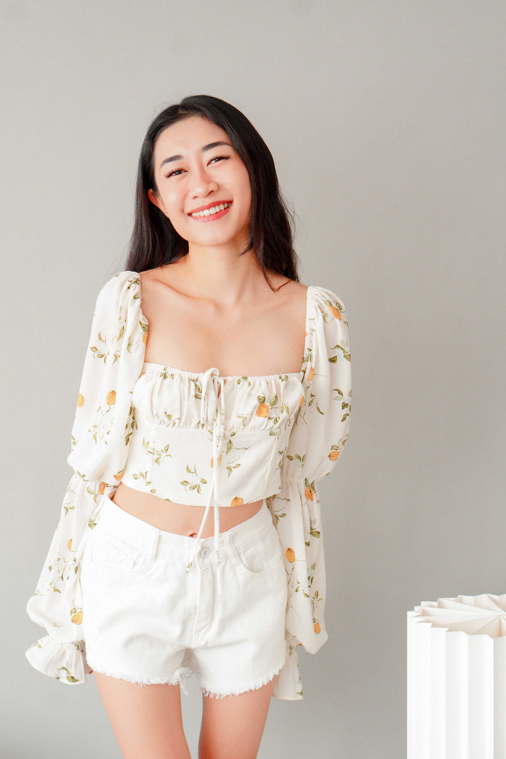 Lemon Dale Long Sleeve Floral Ruched Bust Top