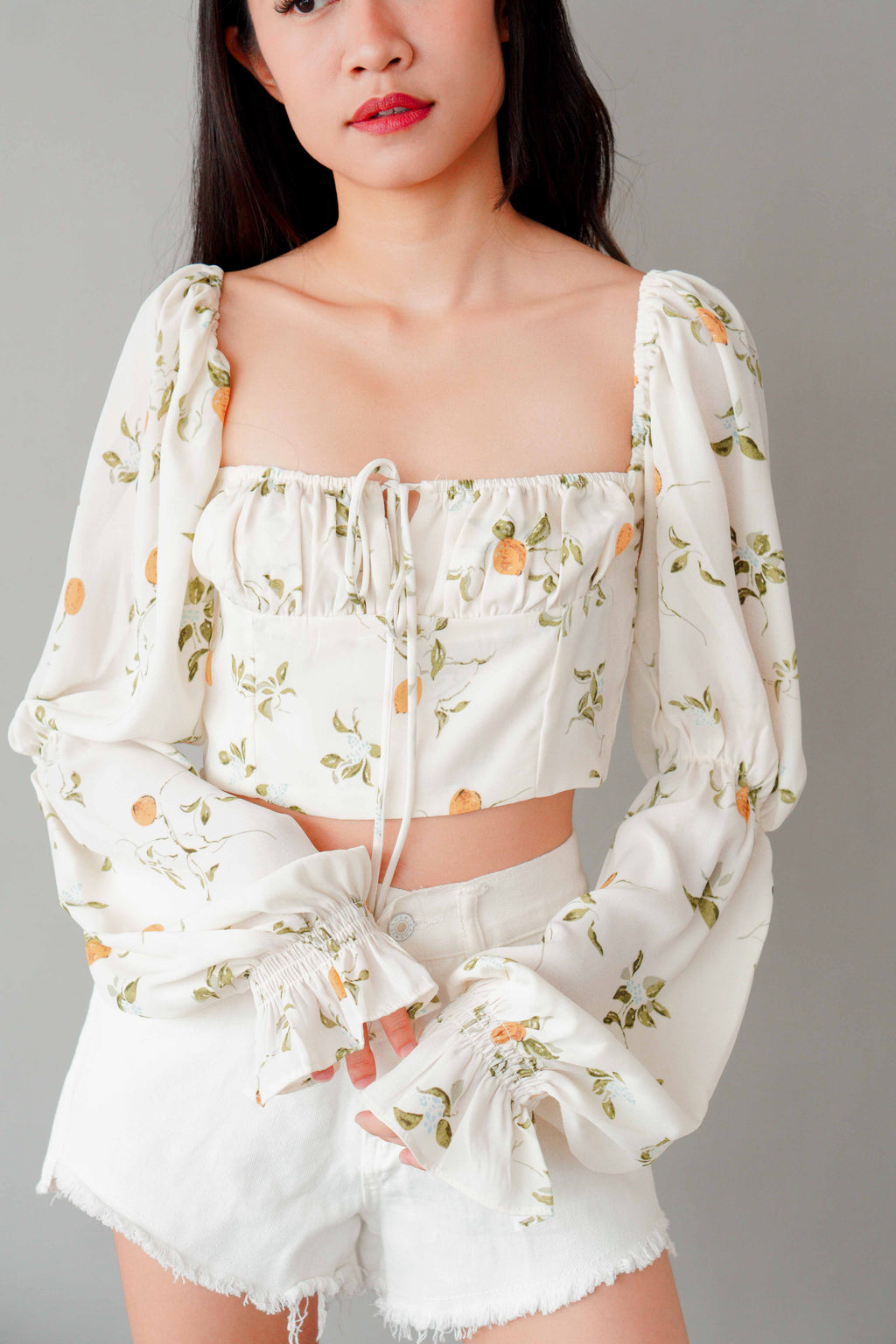 Lemon Dale Long Sleeve Floral Ruched Bust Top