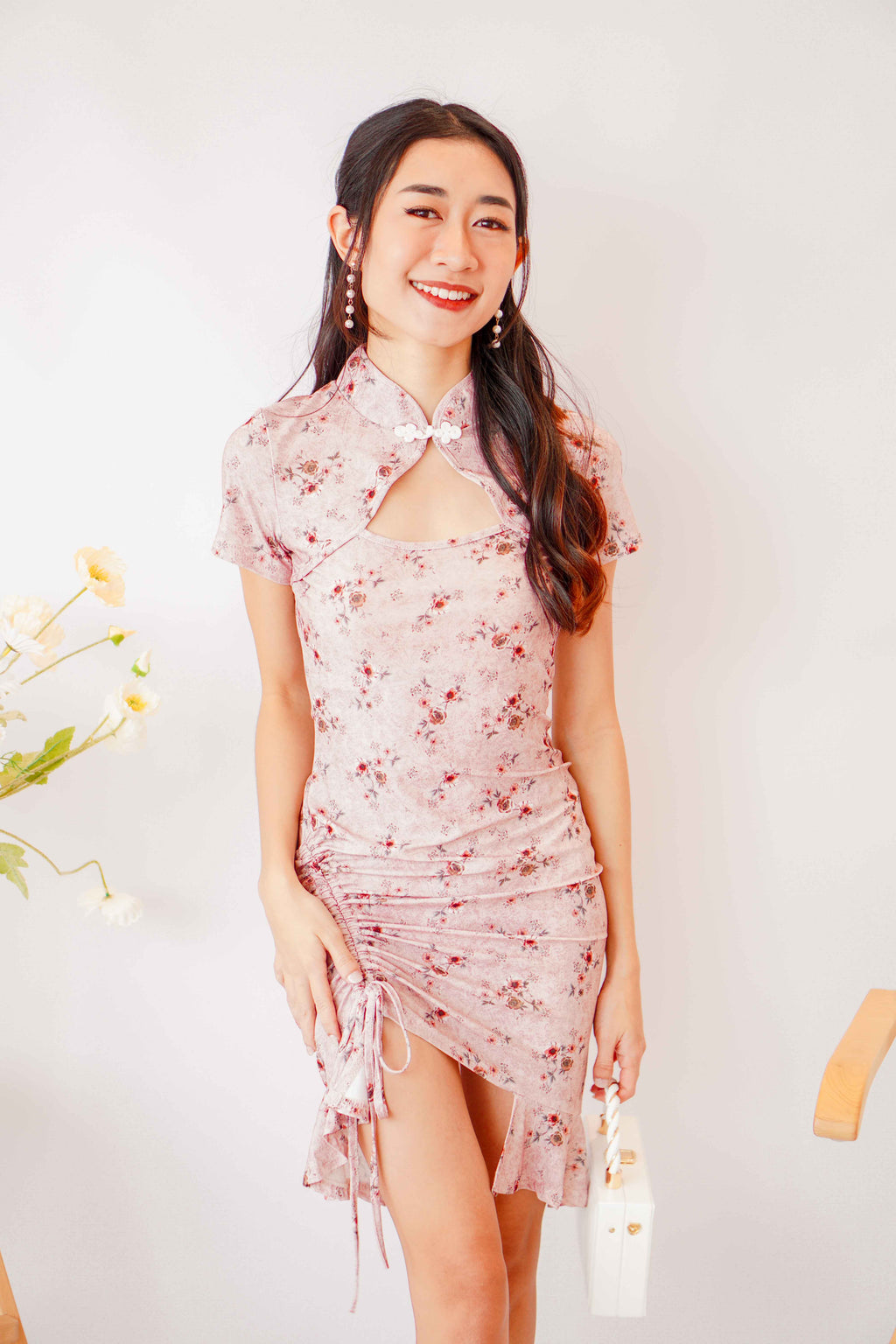 Qiao Modern Floral Ruched Ruffle Cheongsam In Pink