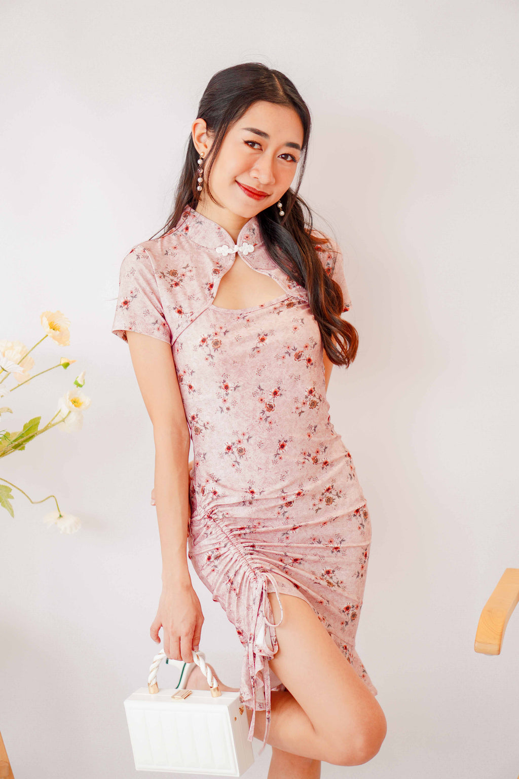 Qiao Modern Floral Ruched Ruffle Cheongsam In Pink