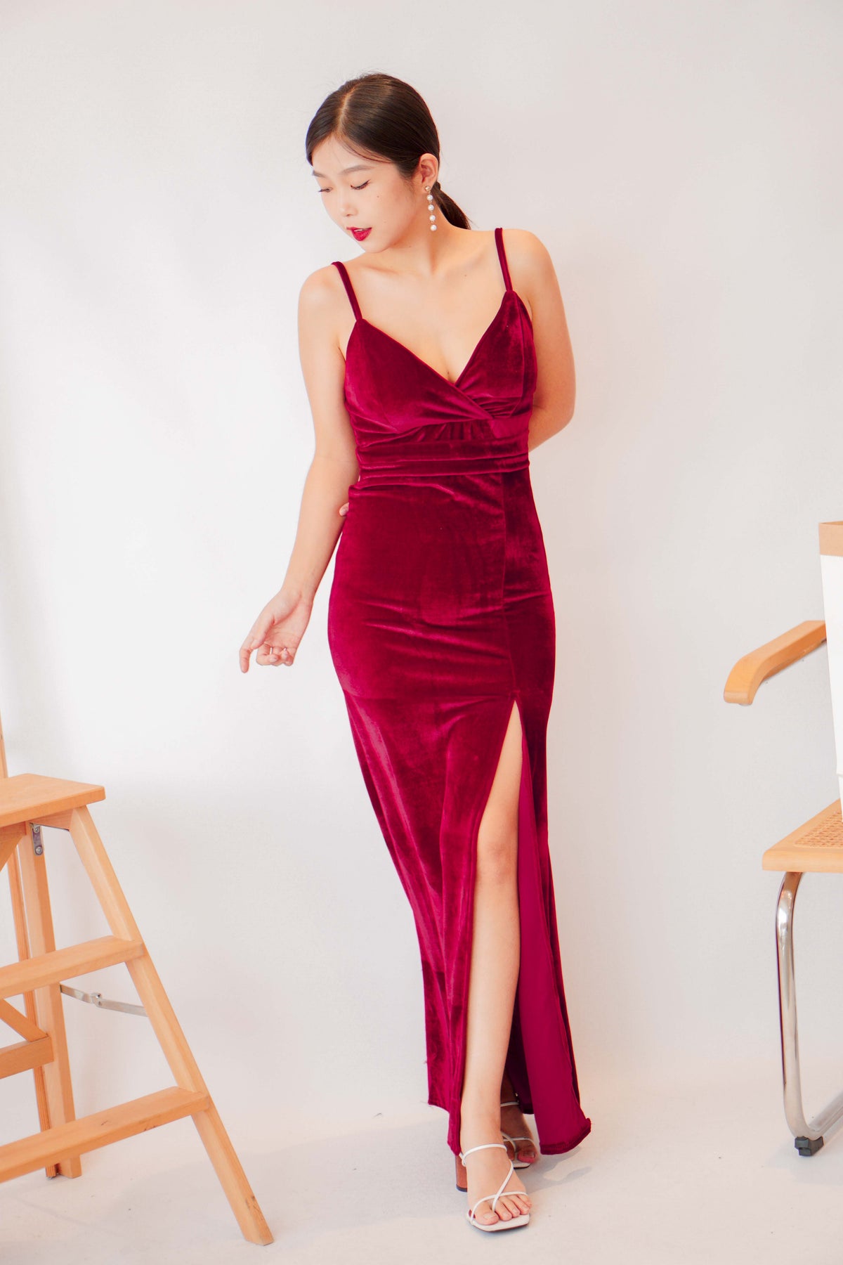 Vexana Velvet Padded Maxi Slit Dress in Red