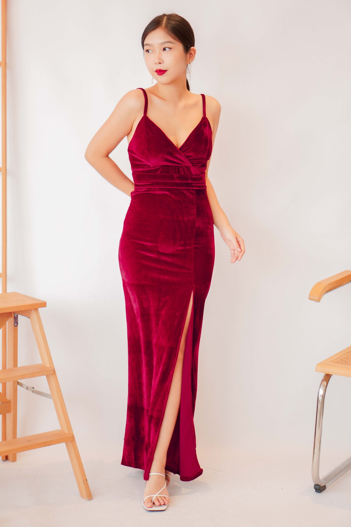 Vexana Velvet Padded Maxi Slit Dress in Red