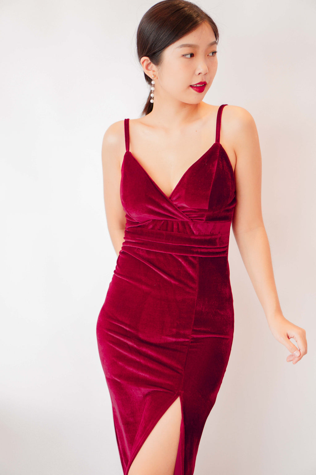 Vexana Velvet Padded Maxi Slit Dress in Red