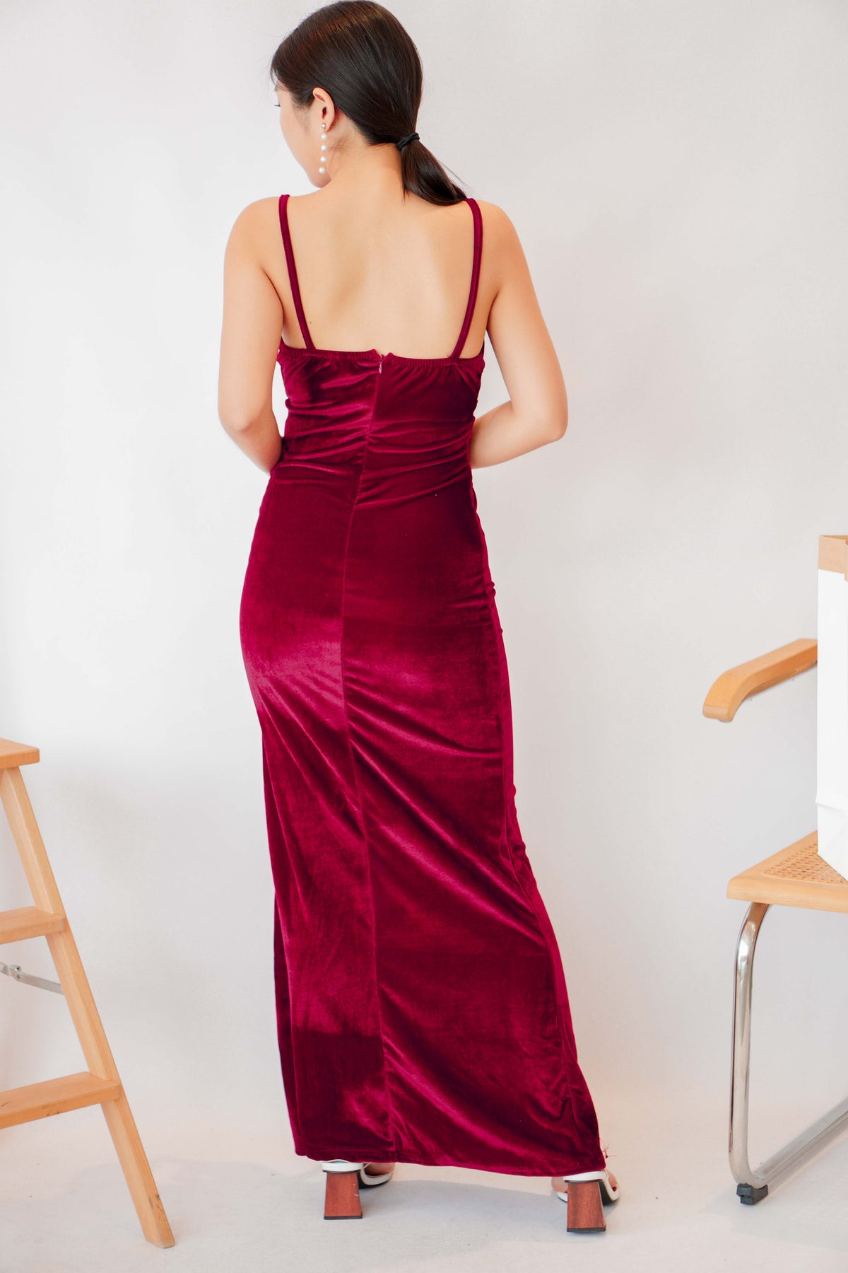 Vexana Velvet Padded Maxi Slit Dress in Red