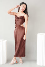 Endearing Cowl Neck Cutout Satin Dress in Brown