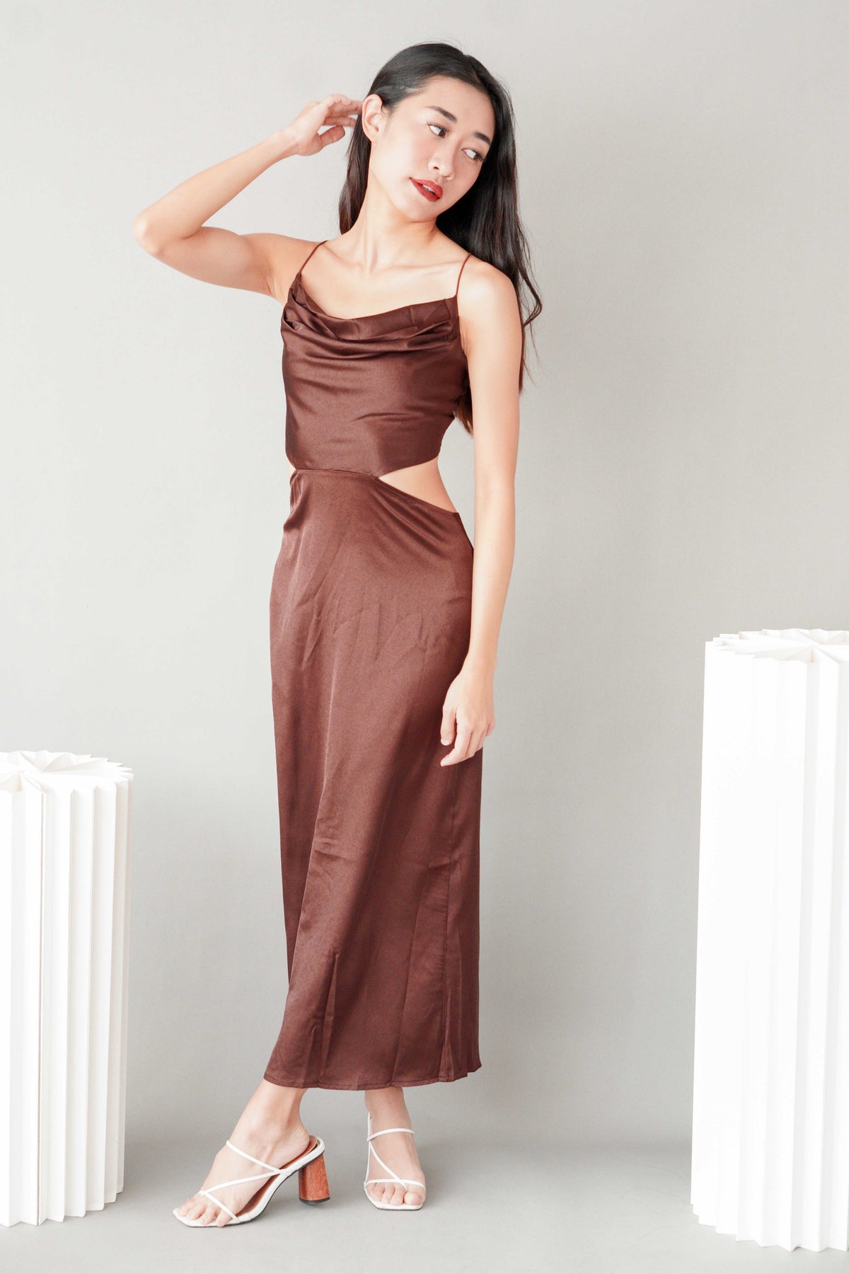Endearing Cowl Neck Cutout Satin Dress in Brown
