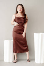 Endearing Cowl Neck Cutout Satin Dress in Brown