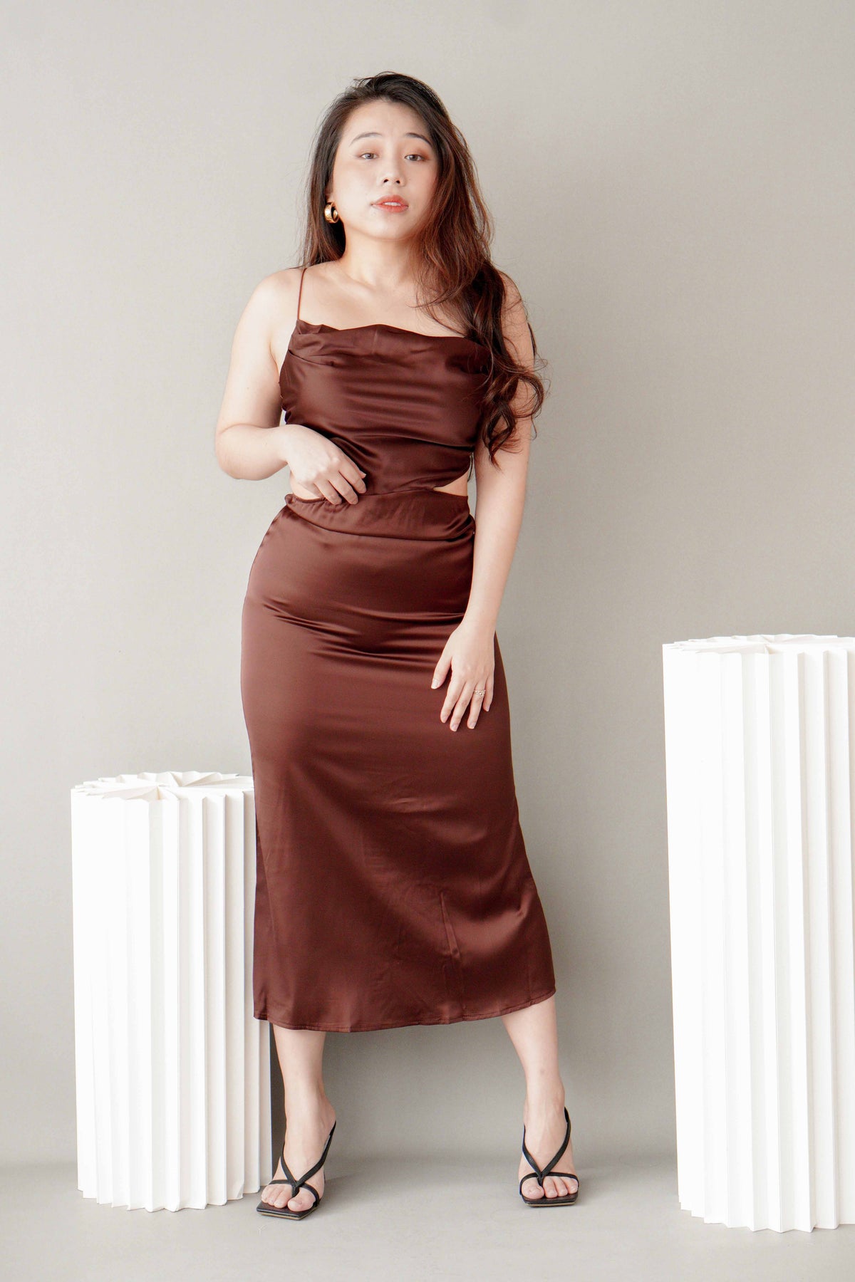 Endearing Cowl Neck Cutout Satin Dress in Brown