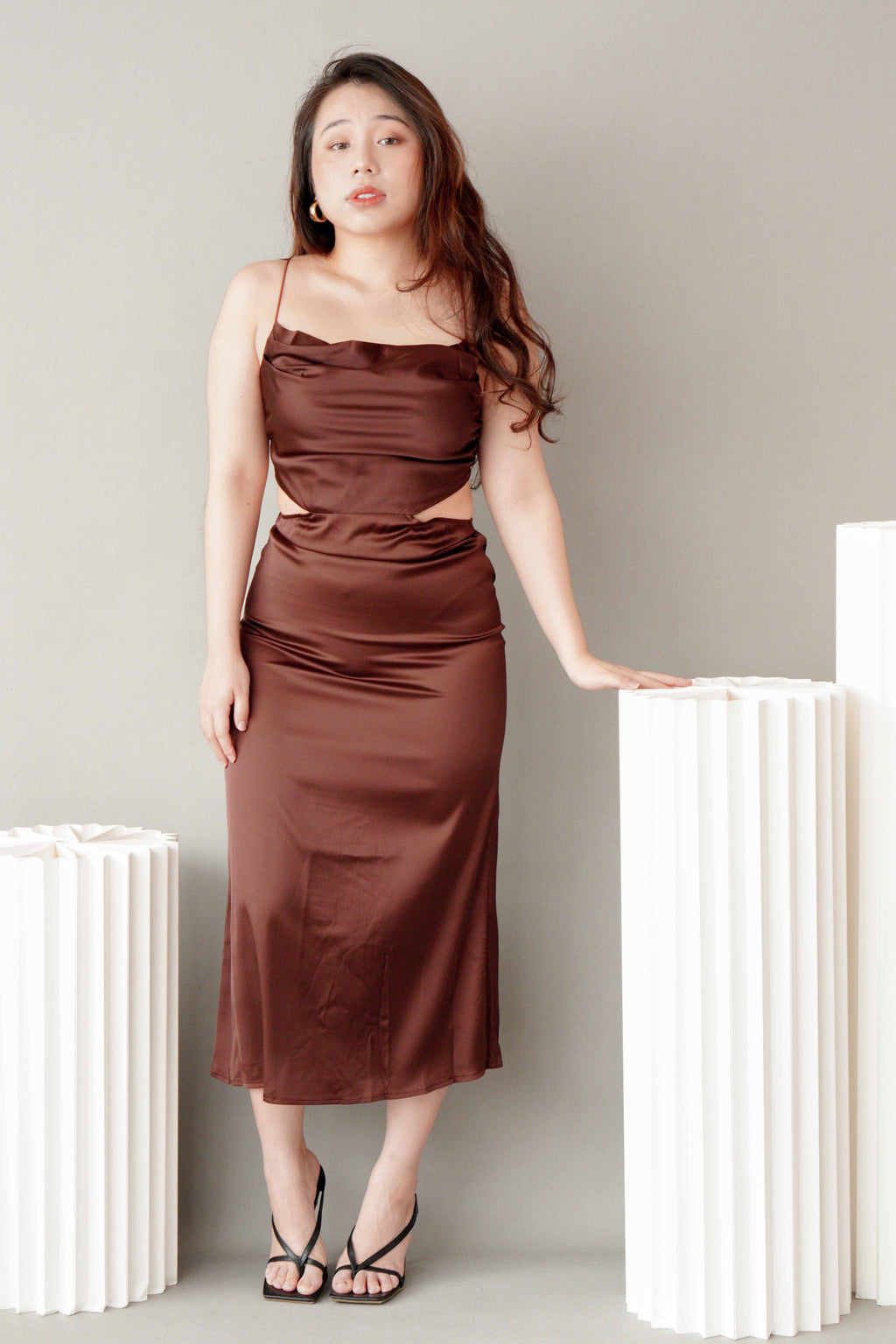 Endearing Cowl Neck Cutout Satin Dress in Brown