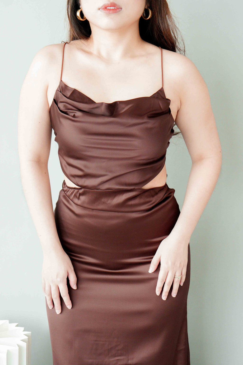 Endearing Cowl Neck Cutout Satin Dress in Brown
