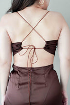 Endearing Cowl Neck Cutout Satin Dress in Brown