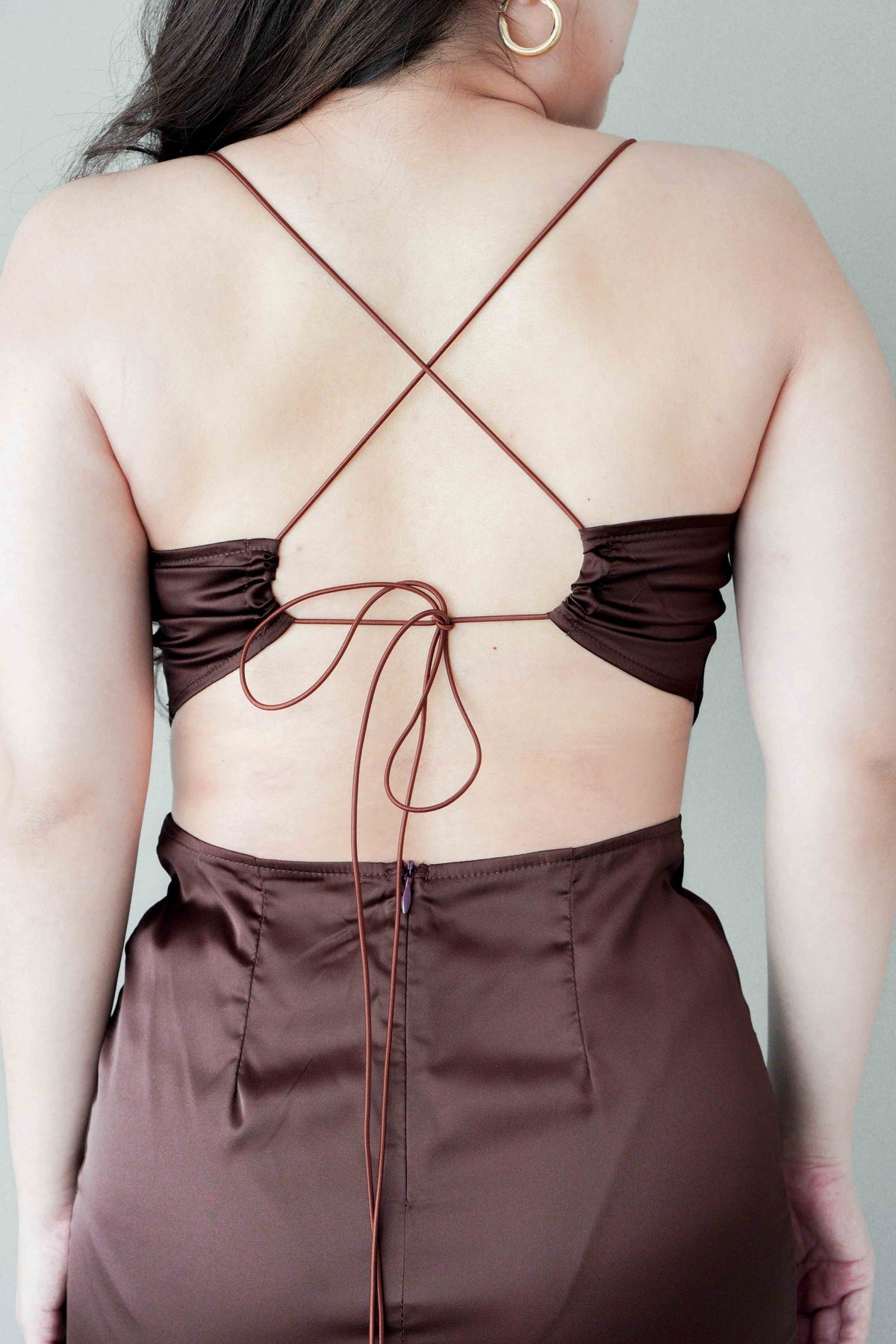 Endearing Cowl Neck Cutout Satin Dress in Brown
