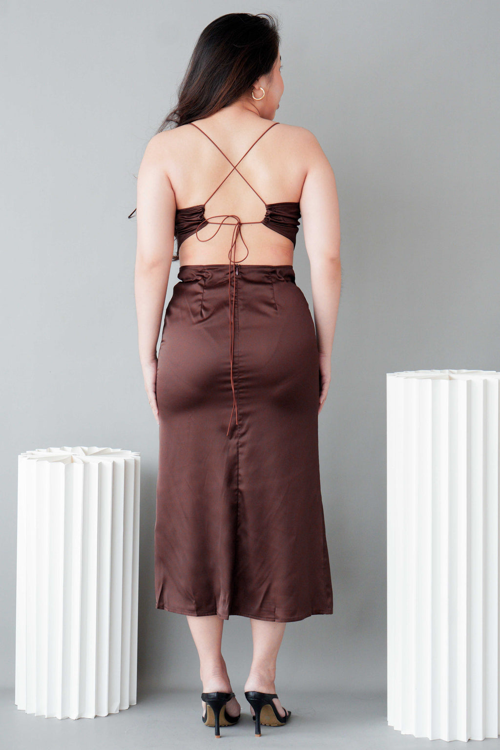 Endearing Cowl Neck Cutout Satin Dress in Brown