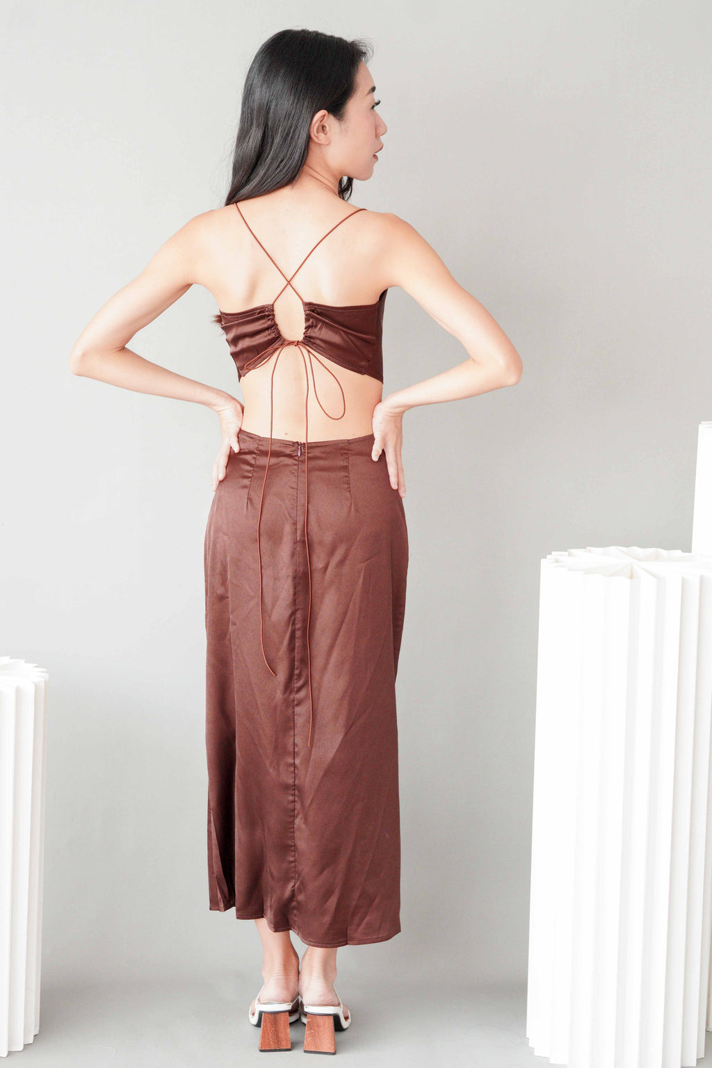 Endearing Cowl Neck Cutout Satin Dress in Brown