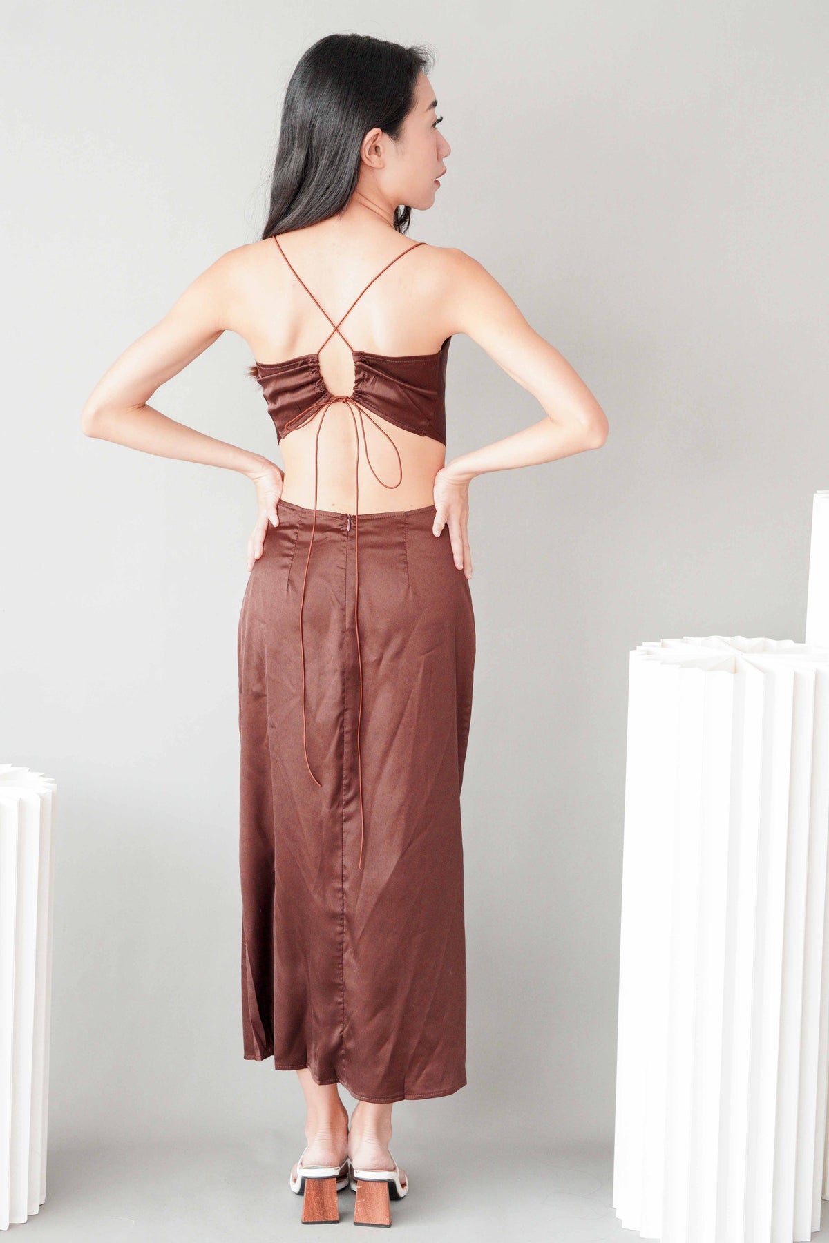 Endearing Cowl Neck Cutout Satin Dress in Brown