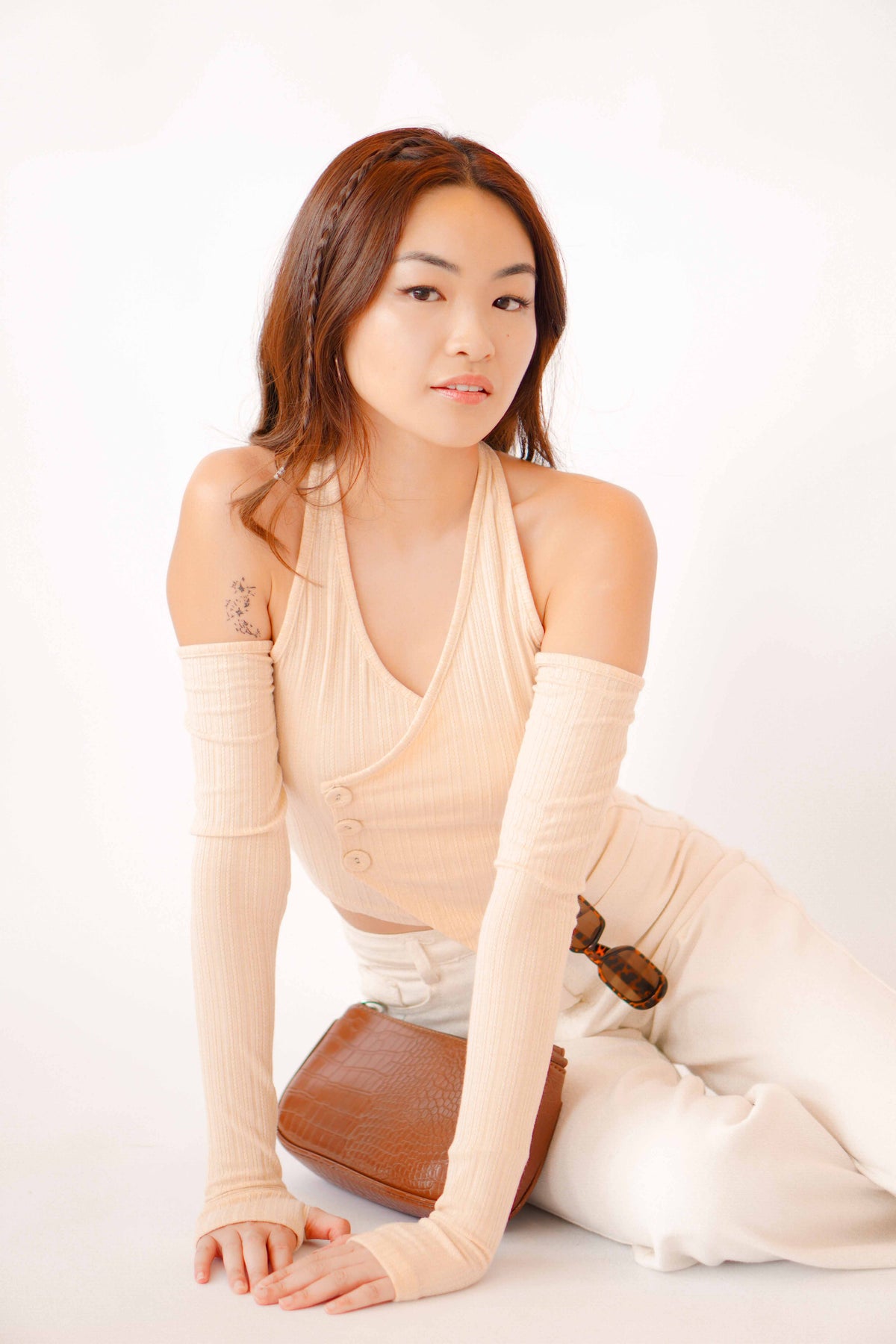 No Hearts Broken Long Sleeve Cutout Top in Beige