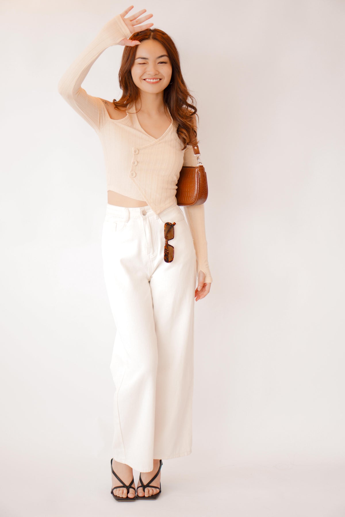 No Hearts Broken Long Sleeve Cutout Top in Beige