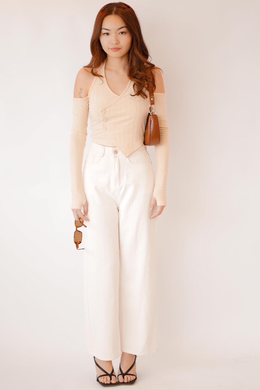 No Hearts Broken Long Sleeve Cutout Top in Beige