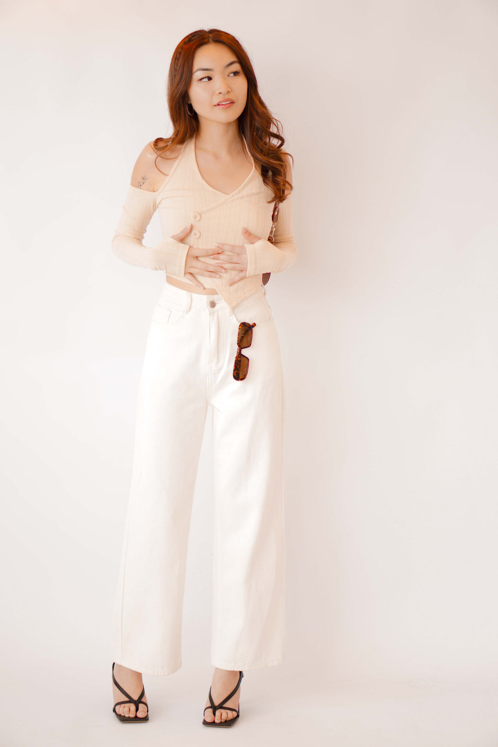 No Hearts Broken Long Sleeve Cutout Top in Beige