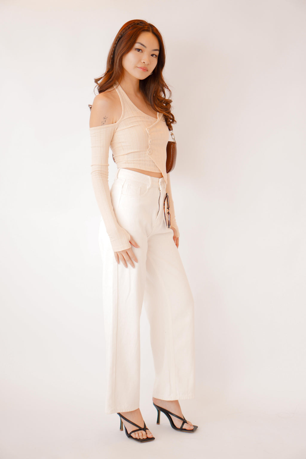 No Hearts Broken Long Sleeve Cutout Top in Beige