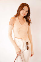 No Hearts Broken Long Sleeve Cutout Top in Beige