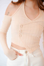 No Hearts Broken Long Sleeve Cutout Top in Beige