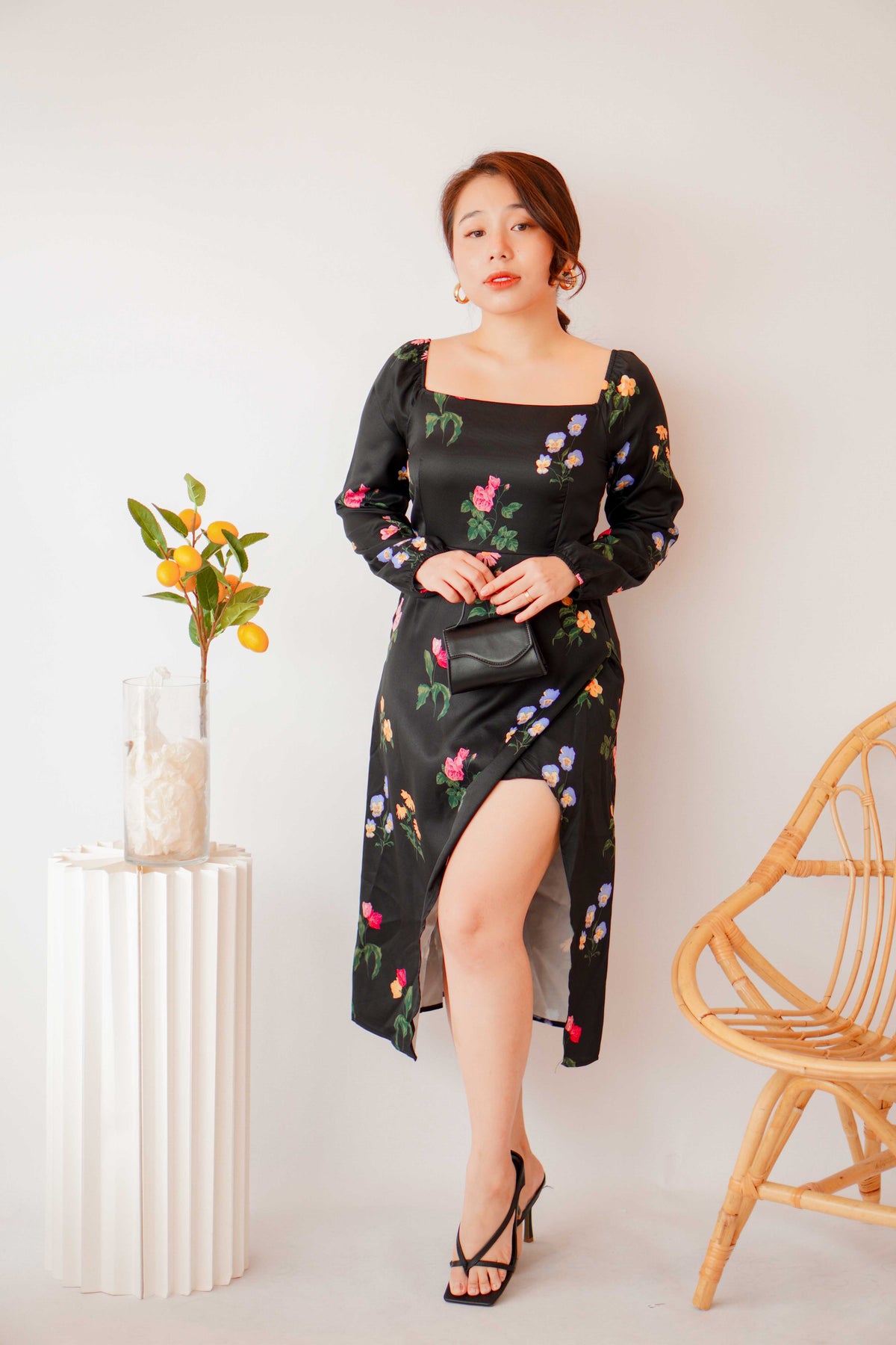 Acacia Floral Long Sleeve Dress in Black