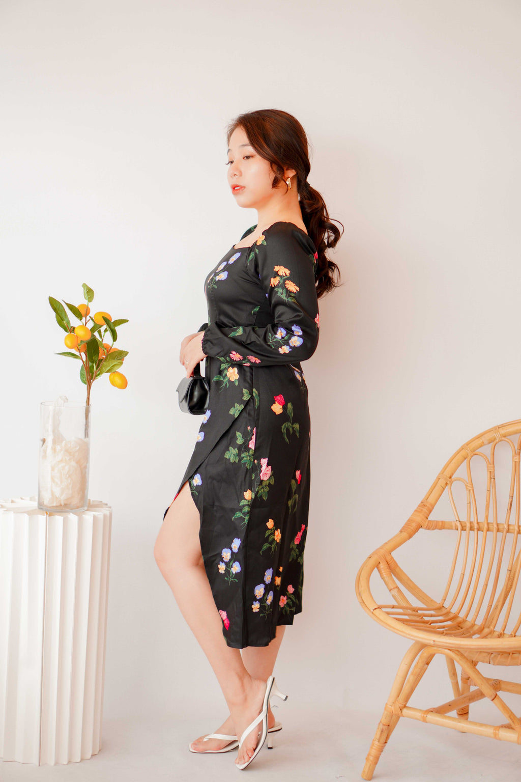 Acacia Floral Long Sleeve Dress in Black