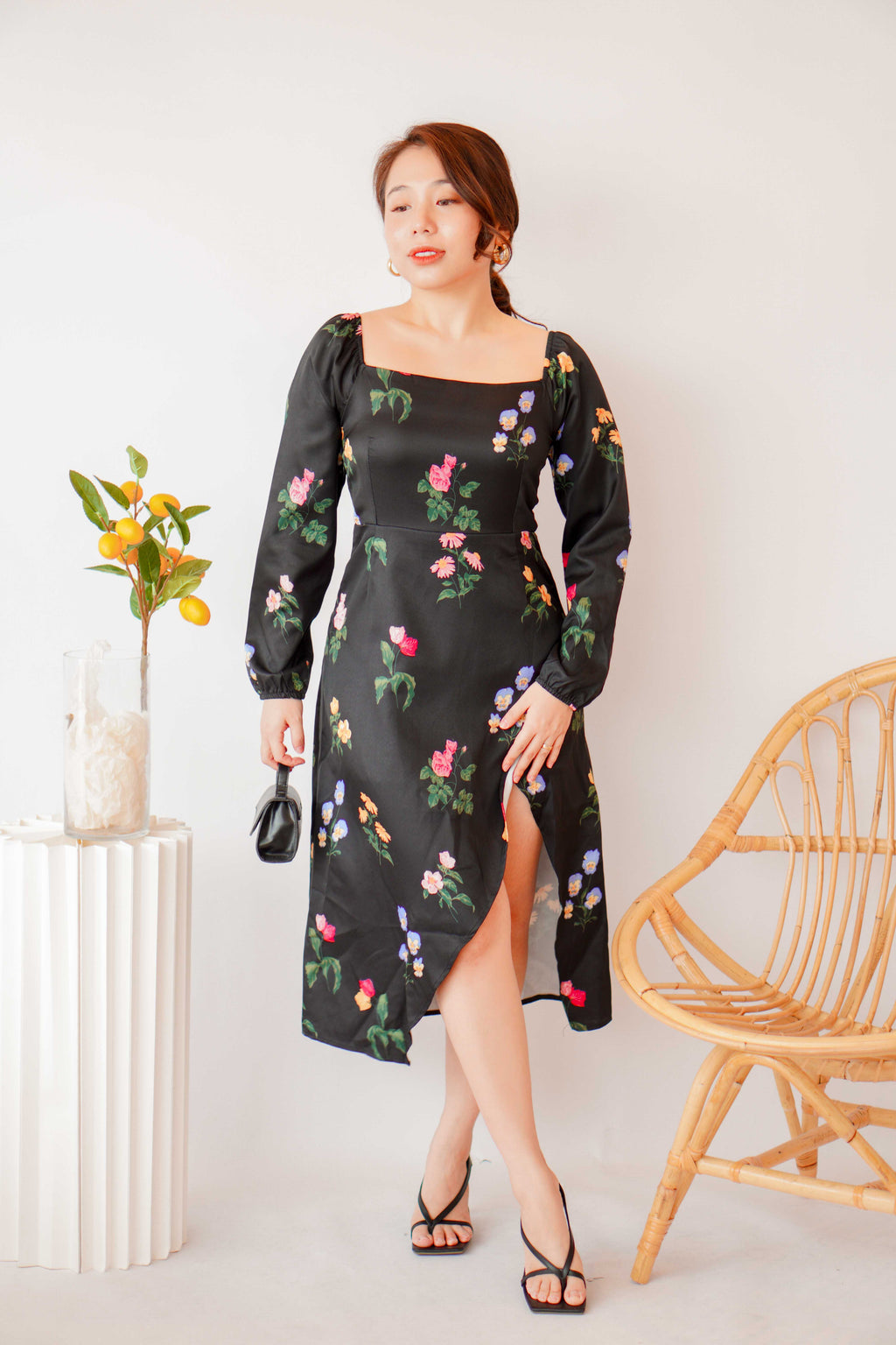 Acacia Floral Long Sleeve Dress in Black
