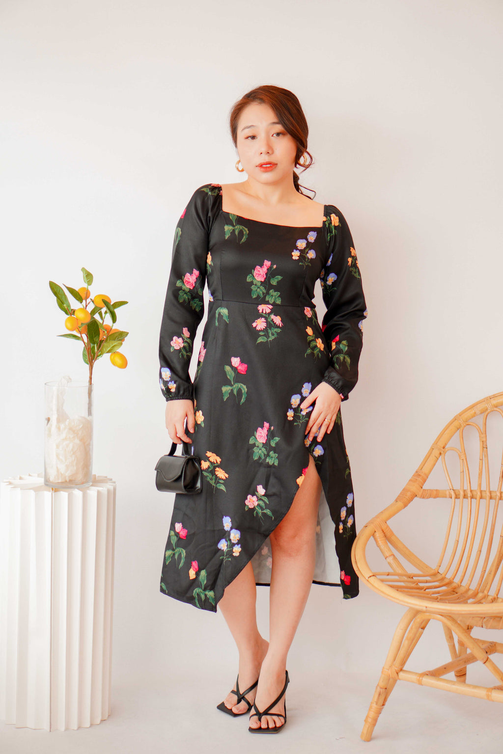 Acacia Floral Long Sleeve Dress in Black
