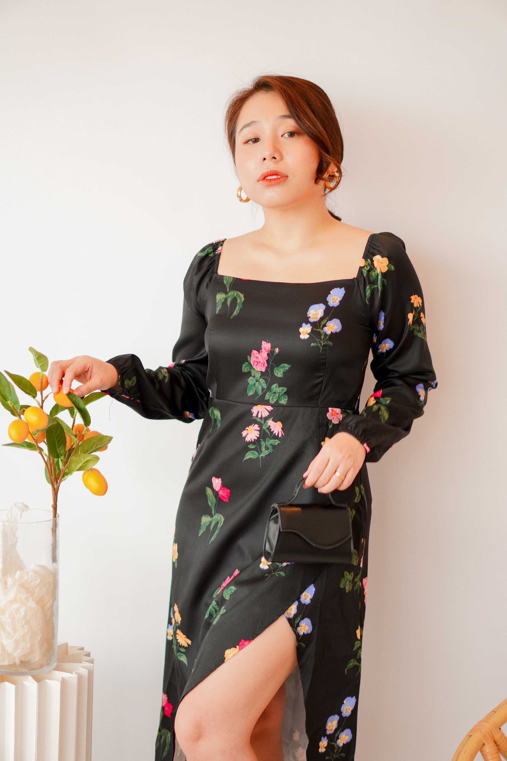 Acacia Floral Long Sleeve Dress in Black