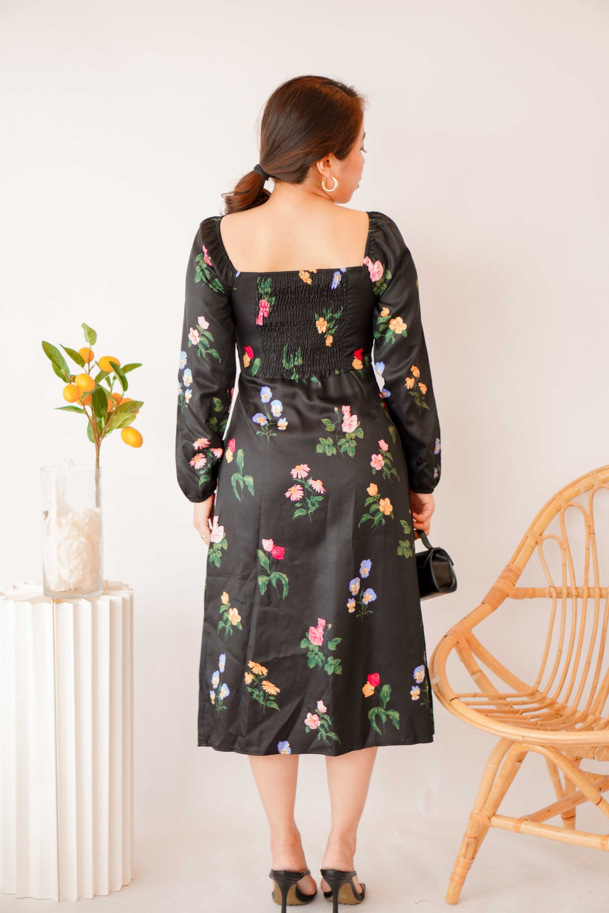 Acacia Floral Long Sleeve Dress in Black