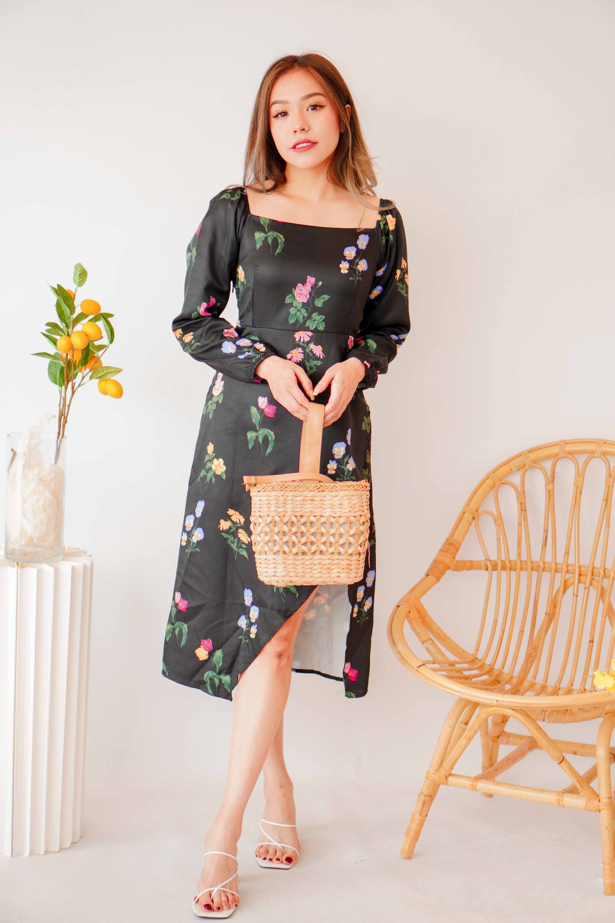 Acacia Floral Long Sleeve Dress in Black