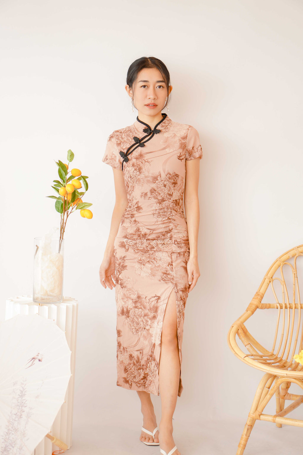 Rong Ruched Bodycon Cheongsam in Dark Maroon