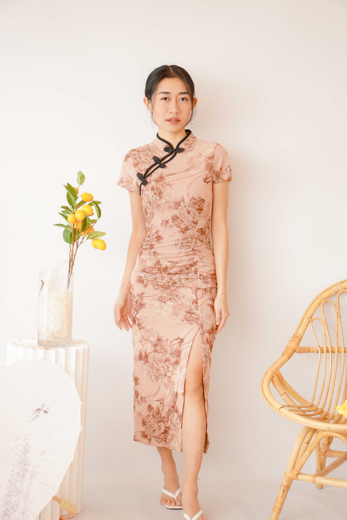 Rong Ruched Bodycon Cheongsam in Dark Maroon