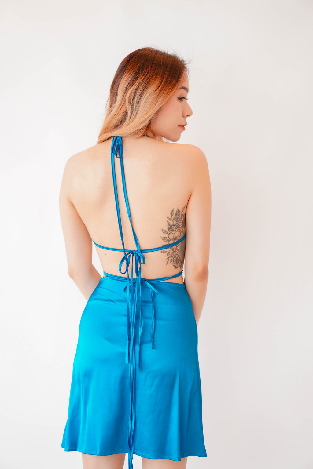 Bloom Spell Cutout Satin Dress in Teal Blue