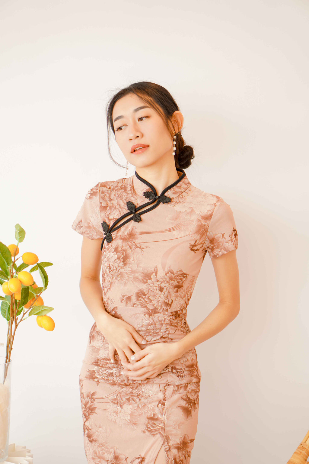 Rong Ruched Bodycon Cheongsam in Dark Maroon