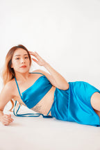 Bloom Spell Cutout Satin Dress in Teal Blue