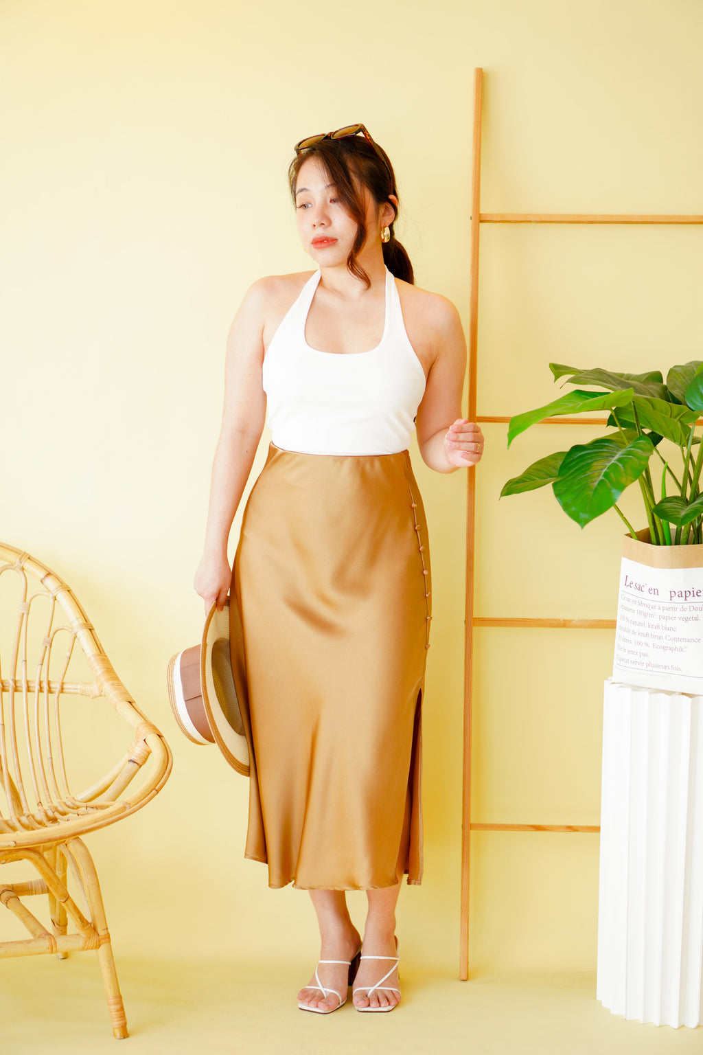 Dream Of Us Satin Slit Skirt in Brown