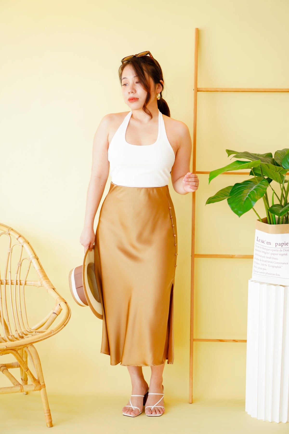 Dream Of Us Satin Slit Skirt in Brown