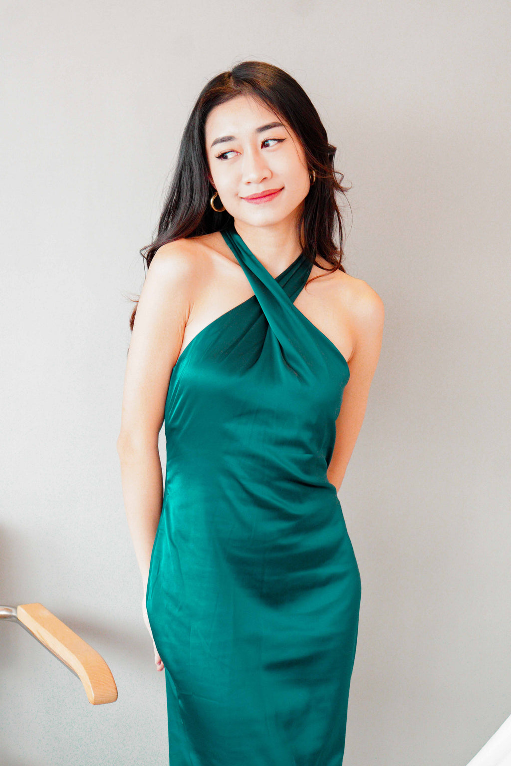 Tia Crossneck Satin Maxi Dress in Green