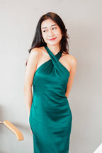 Tia Crossneck Satin Maxi Dress in Green