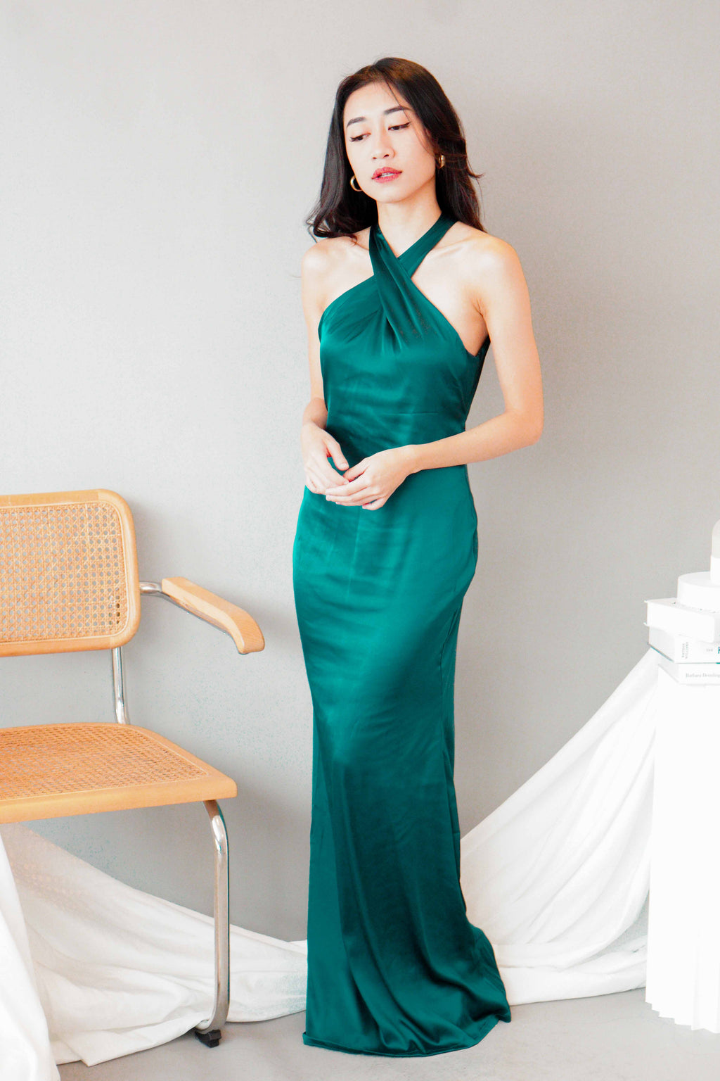 Tia Crossneck Satin Maxi Dress in Green