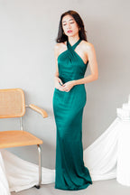 Tia Crossneck Satin Maxi Dress in Green